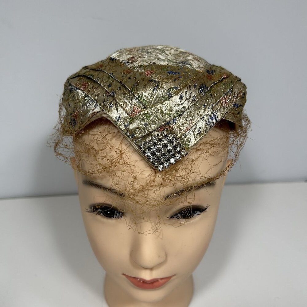 Vintage Doris Designed Brocade Floral Fascinator Cocktail Hat, Rhinestone & Net